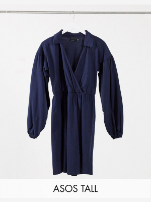 Asos Design Tall Mini Wrap Shirt Dress In Navy