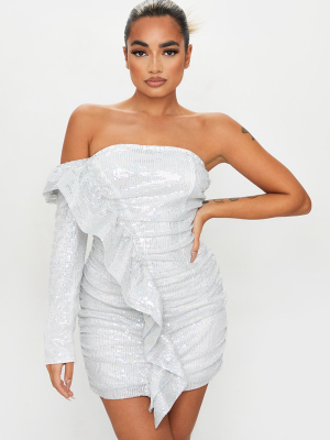 Petite Silver Sequin One Shoulder Ruffle...