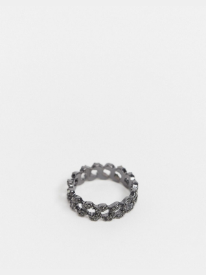 Asos Design Curve Ring With Crystal Chain In Silver Tone