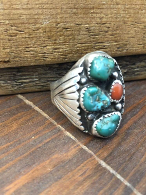 Rough-out 3 Turquoise And Coral Ring | Vintage