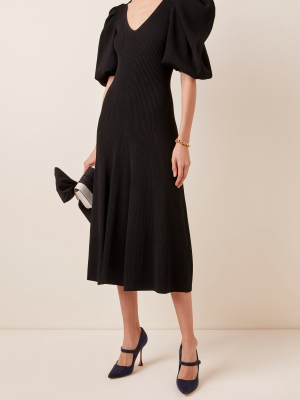 Puffed-sleeve Ribbed-knit Midi Dress