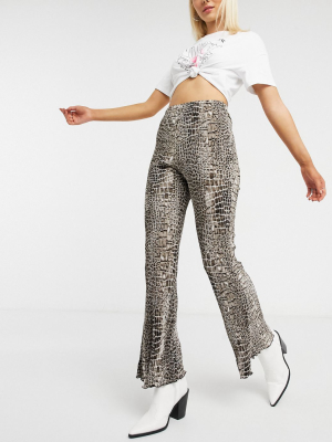 Topshop Plisse Flared Pants In Croc Print