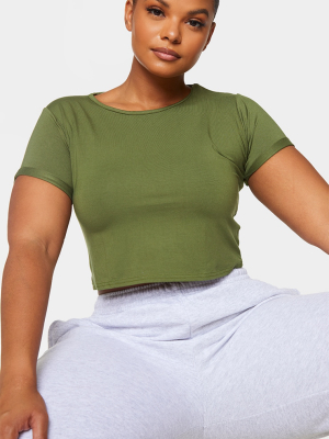 Plus Basic Khaki Roll Sleeve Crop T Shirt