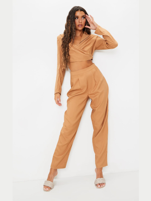 Tan Woven Pleated Oversized Straight Leg Pants