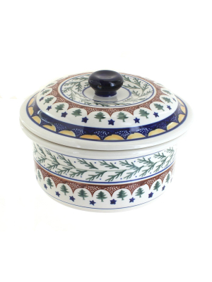 Blue Rose Polish Pottery Evergreen Round Baker With Lid