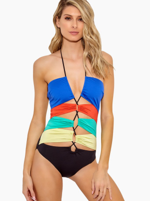 Demi Color Block Lace Up One Piece Swimsuit - Vibrant Blue/orange/seafoam Green/yellow/black