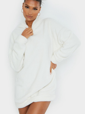 Cream Borg Fleece Hooded Jumper Dress