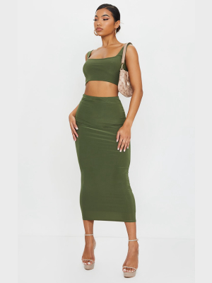 Khaki Slinky Longline Midi Skirt