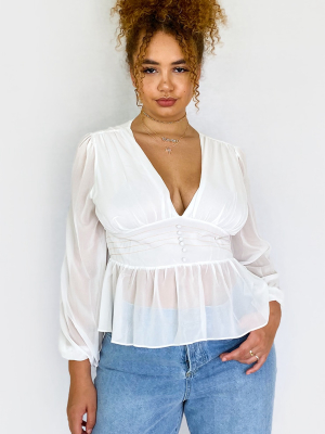 Plus White Woven Contrast Stitch Button Blouse