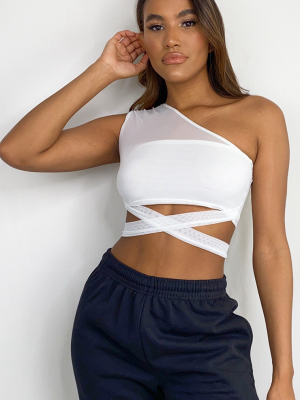 White Sheer One Shoulder Side Tie Crop Top