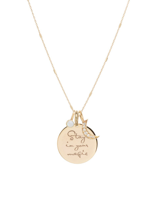 14k Gold Stay In Your Magic Mantra Charm Necklace With Moon And Opal