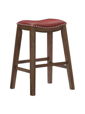 Homelegance 29-inch Pub Height Wooden Bar Stool With Solid Wood Legs And Faux Leather Saddle Seat Kitchen Barstool Dinning Chair, Brown And Red