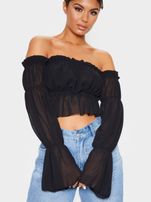 Black Woven Ruffle Bardot Flared Sleeve Blouse