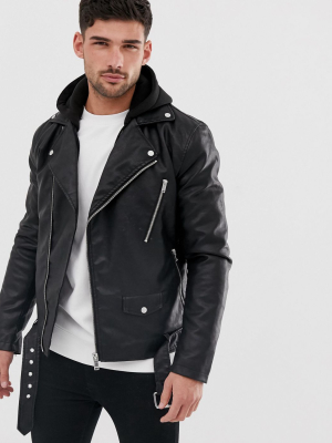 River Island Faux Leather Biker Jacket With Hood In Black