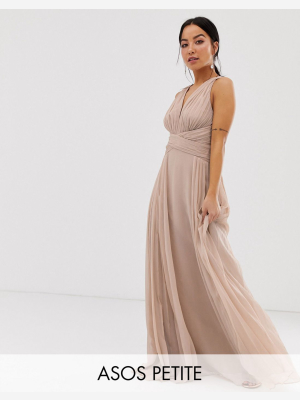 Asos Design Petite Bridesmaid Ruched Bodice Drape Maxi Dress With Wrap Waist