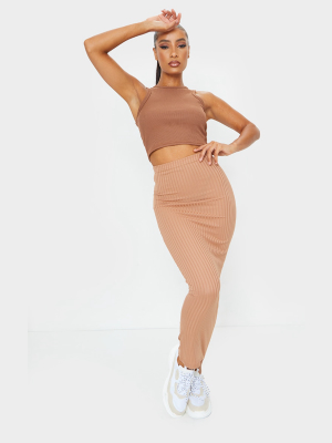 Camel Rib Bodycon Maxi Skirt