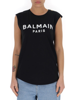 Balmain Flocked Logo Button Detail Tank Top