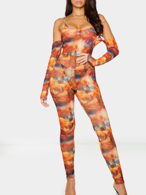 Multi Fire Print Cold Shoulder Mesh Jumpsuit