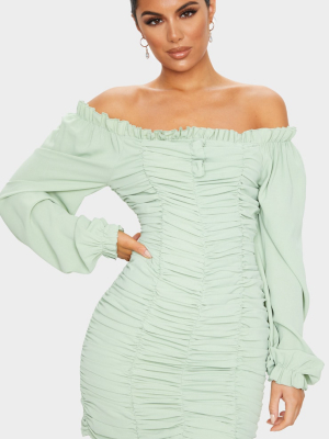 Sage Green Balloon Sleeve Bardot Ruched Bodycon...