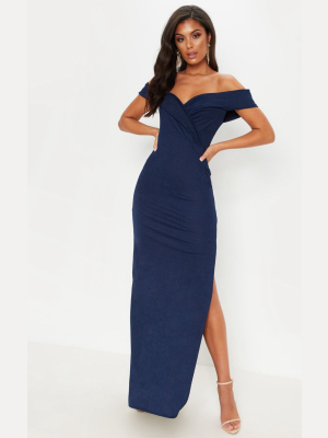 Navy Bardot Fold Detail Extreme Split Maxi Dress