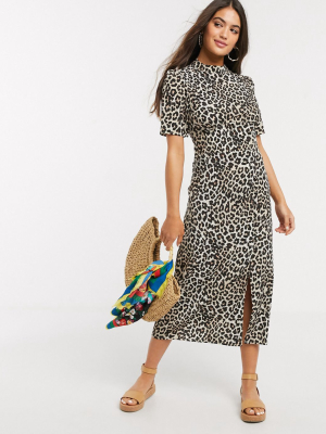 Asos Design Midi Tea Dress With Buttons And Split Detail In Leopard Print