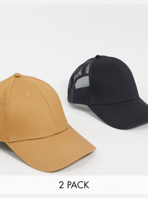 Asos Design 2 Pack Trucker Cap In Black And Camel Save