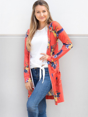 Floral Long Sleeve Cardigan - Orange