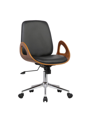 Wallace Mid-century Office Chair In Chrome Finish With Black Faux Leather And Walnut Veneer Back - Armen Living