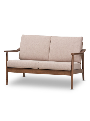 Venza Mid Modern Walnut Wood Fabric Upholstered 2 Seater Loveseat Light Brown - Baxton Studio