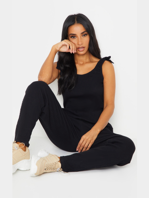 Black Cotton Waffle Tie Strap Jumpsuit