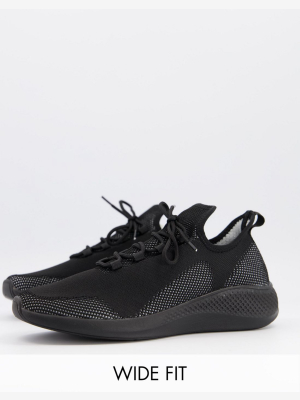 Asos Design Wide Fit Knit Running Sneakers In Black