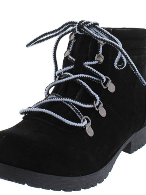 Wyatte78 Black Suede Pu Lace Up Lug Sole Ankle Boot