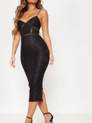 Black Lace Mesh Stripe Insert Midi Dress