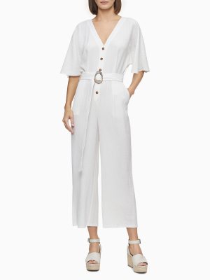 Button Front V-neck Belted Jumpsuit