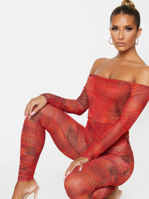 Orange Croc Mesh Bardot Ruched Jumpsuit