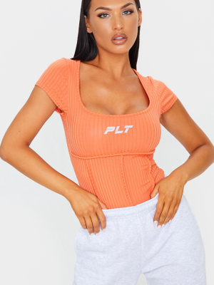 Orange Plt Print Rib Panel Bodysuit