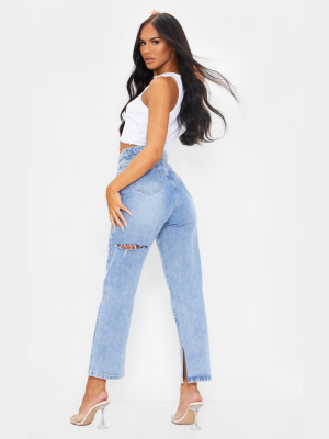 Mid Wash Cropped Split Hem Bum Rip Jeans