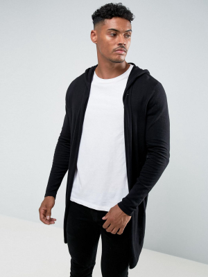 Asos Design Hooded Open Front Cardigan With Curved Hem In Black