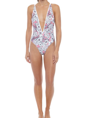 Hawaiian V Neck Criss Cross Back One Piece Swimsuit - Pink Tropical Print