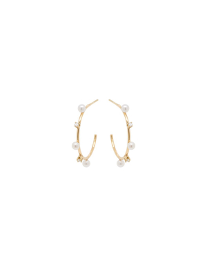 14k Prong Set Diamond And Tiny Pearl Medium Hoops