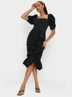 Black Woven Puff Sleeve Ruched Midi Dress