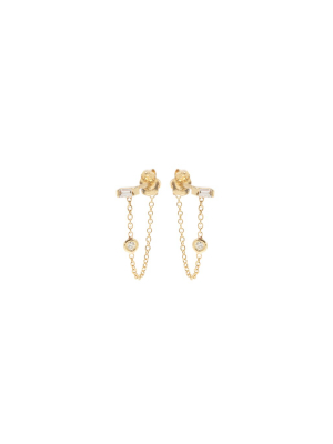 14k Baguette And Floating Diamond Chain Stud Earrings