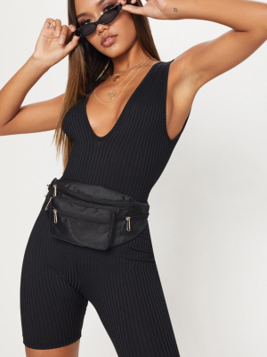 Black Ribbed Plunge Sleeveless Unitard