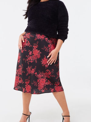 Plus Size Floral Satin Skirt