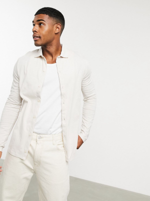 Asos Design Organic Muscle Fit Long Sleeve Jersey Shirt In Beige