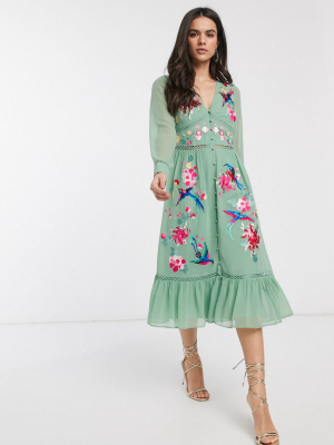 Asos Design Embroidered Skater Midi Dress With Lace Trims And Pephem In Sage Green