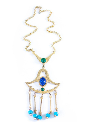 Vintage Egyptian Revival Green, Turquoise, And Lapis Statement Necklace