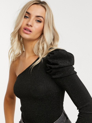 Ax Paris Glitter Puff Sleeve Bodysuit In Black