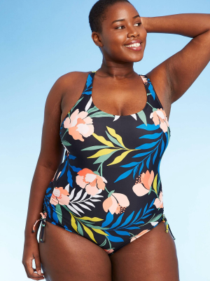 Women's Plus Size Side-cinch One Piece Swimsuit - Kona Sol™ Black Floral