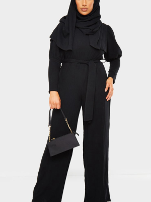 Black Woven Puff Sleeve Tie Waist Jumpsuit